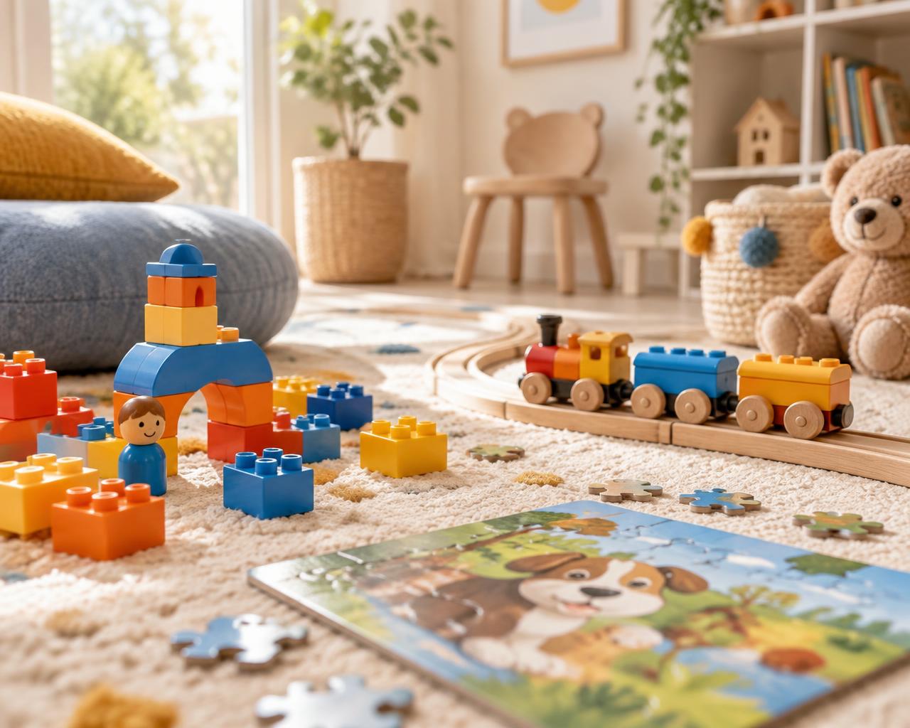 Colourful building bricks, a wooden train and a puzzle on a playroom floor